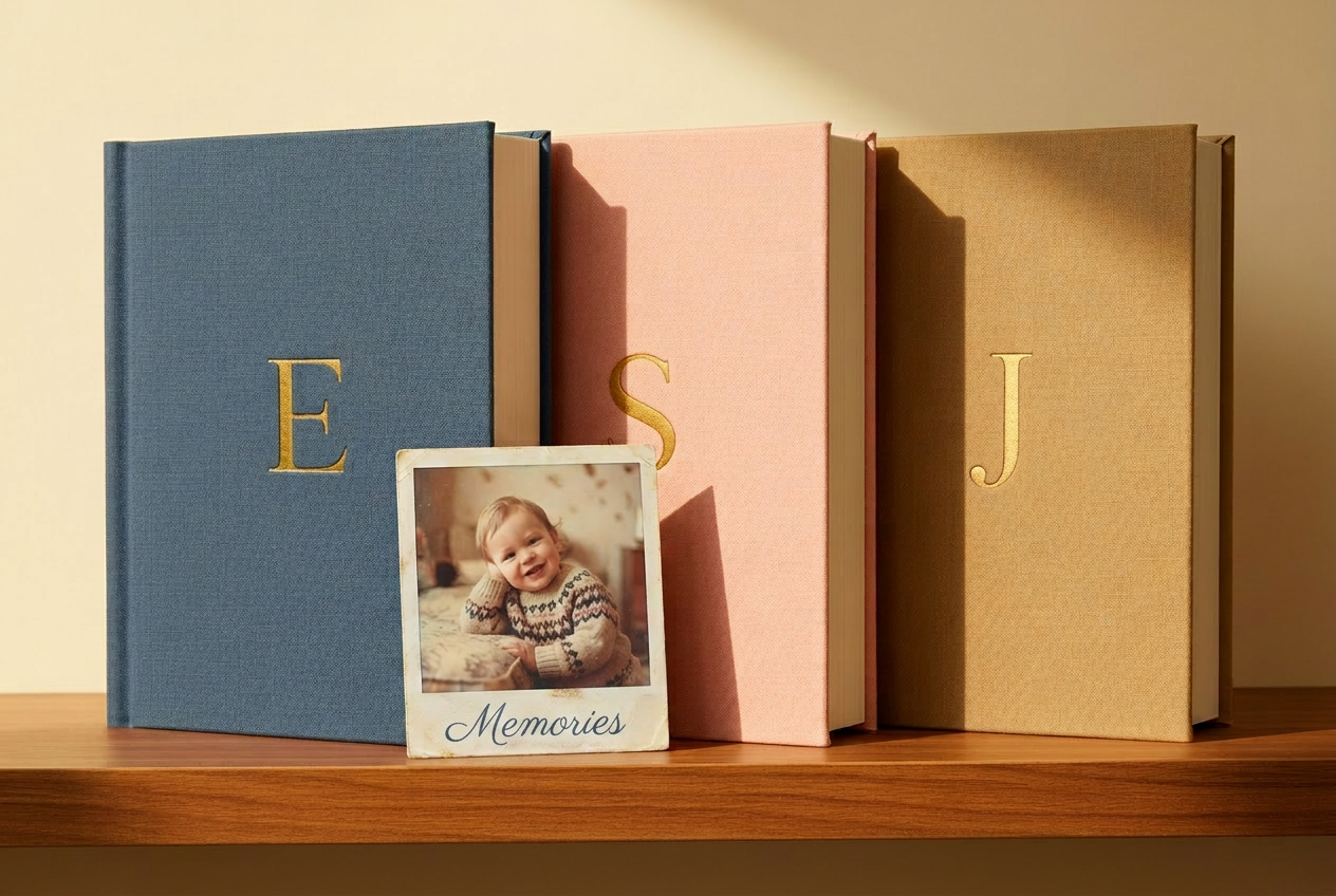 Three Momoir keepsake books side by side — a blue book embossed with E, a pink book with S, and a tan book with J